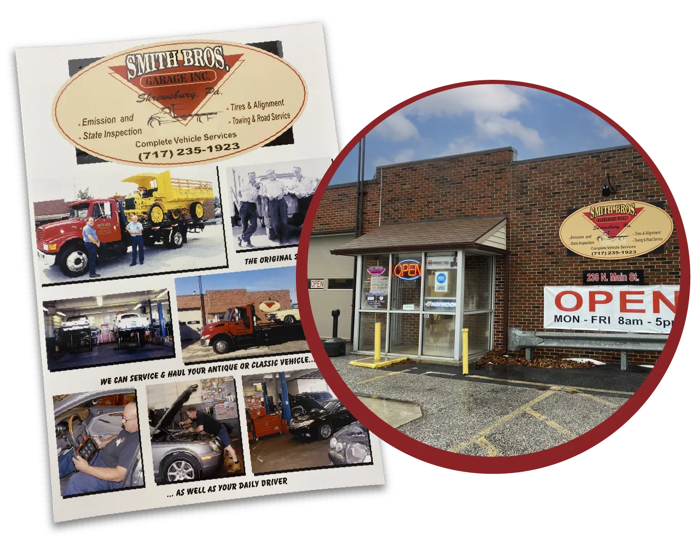 Smith Bros Garage old flyer and office entrance collage